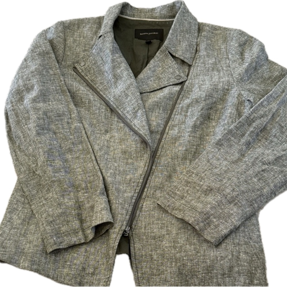 Linen Blend Banana Republic Women’s Preppy Olive Motorcycle Jacket - Picture 1 of 4